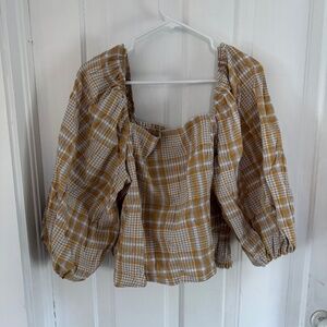 Plaid balloon off shoulder/square neck shirt